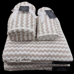 6pc BROOKS BROTHERS Tan White THICK PLUSH Bath Hand Tip TURKISH Towel Set New